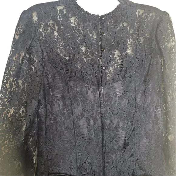 Scott McClintock Vintage Black Lace Floral Design Long Sleeve Dress with Bow 14 - Picture 7 of 9